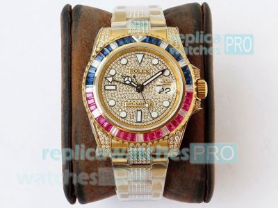 ROF Swiss Rolex GMT Master II Yellow Gold Watch Diamond Dial Sapphire Ruby Bezel 40MM